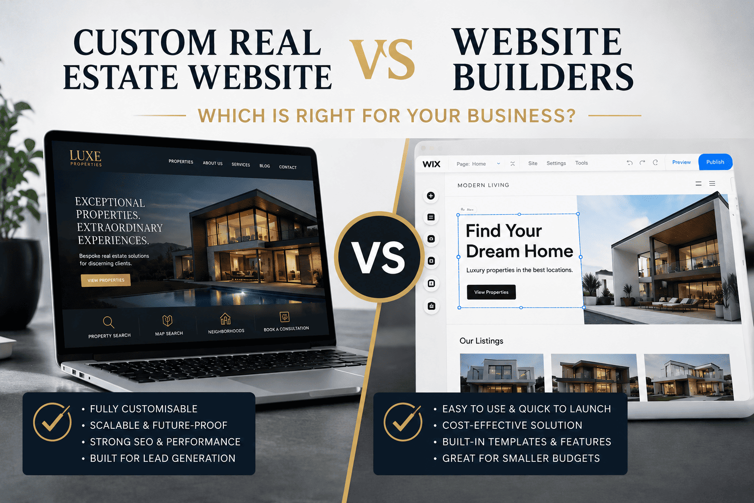 Comparison between a custom real estate website and a website builder, highlighting the benefits of each for real estate businesses.